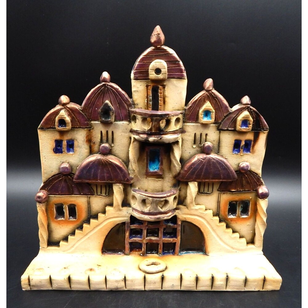 Art Pottery Jerusalem Menorah Copper Accent Judaica Candle Oil Holder Signed